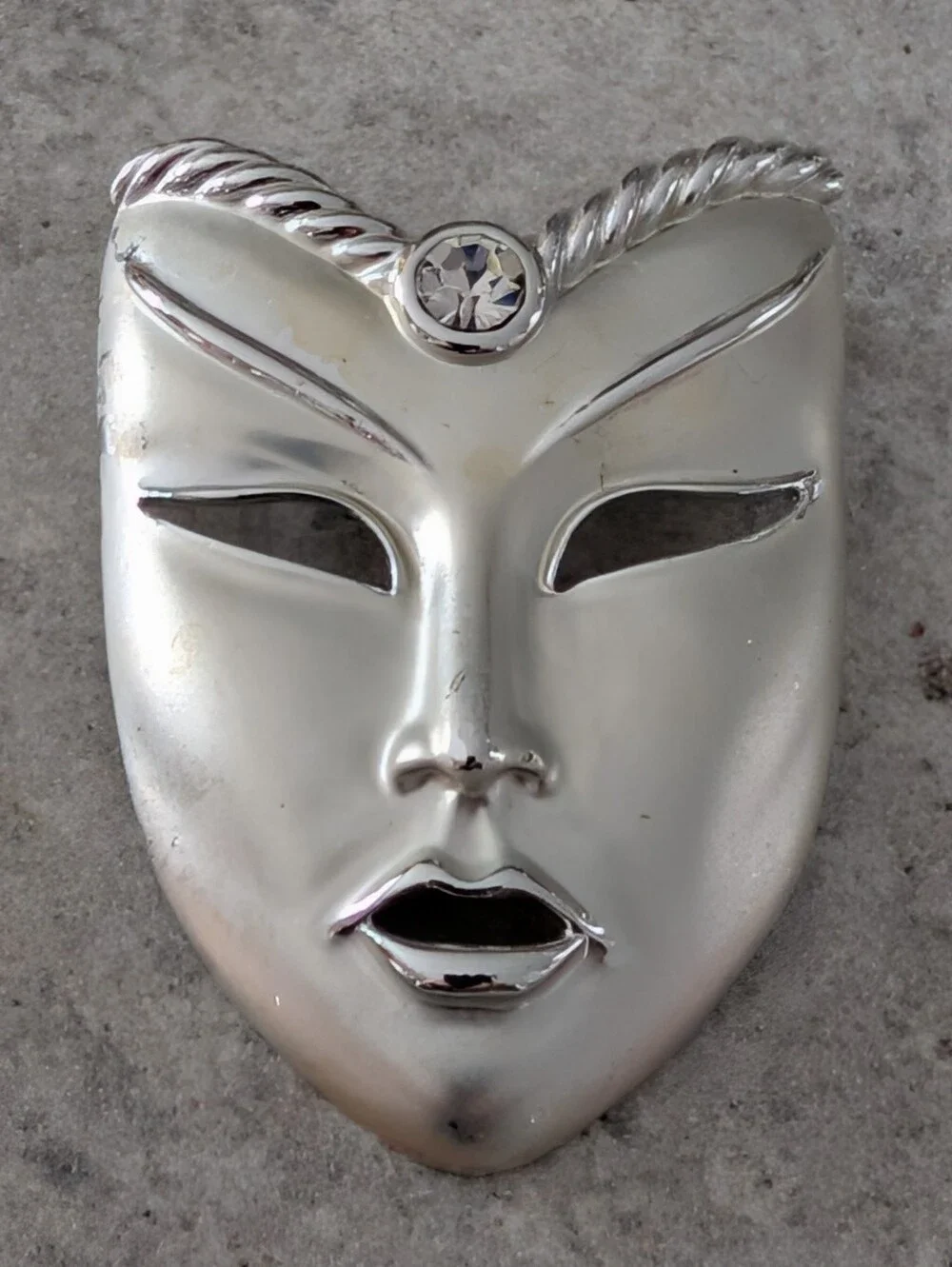 Silver Decorative Theater Mask Brooch with Rhinestone Accent